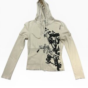 Vintage Y2K Hot Kiss Cream Zip-Up Puff Sleeve Hoodie with Black Floral Graphic